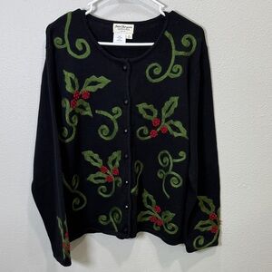 Norm Thompson Black and Green‎ Christmas Sweater with Holly and berries